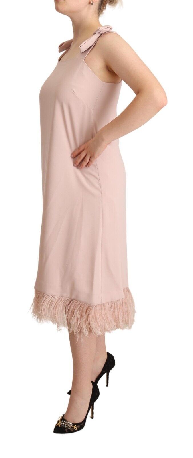 Pink Polyester Sleeveless Midi Feather Shift Dress - ventzia