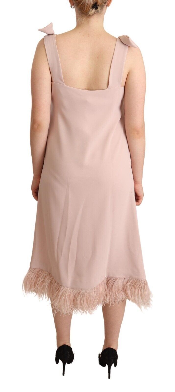 Pink Polyester Sleeveless Midi Feather Shift Dress - ventzia