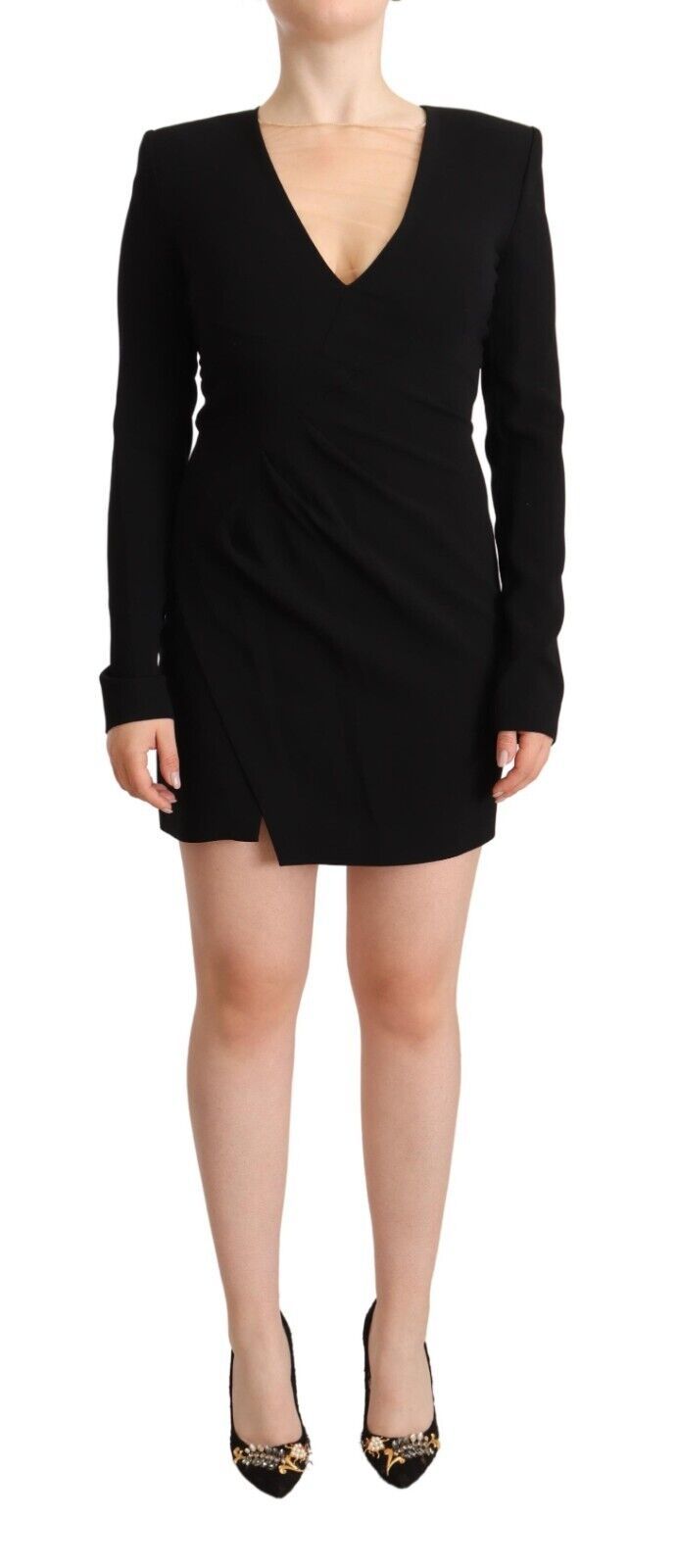 Black Long Sleeves Deep V-neck Mini Sheath Dress - ventzia