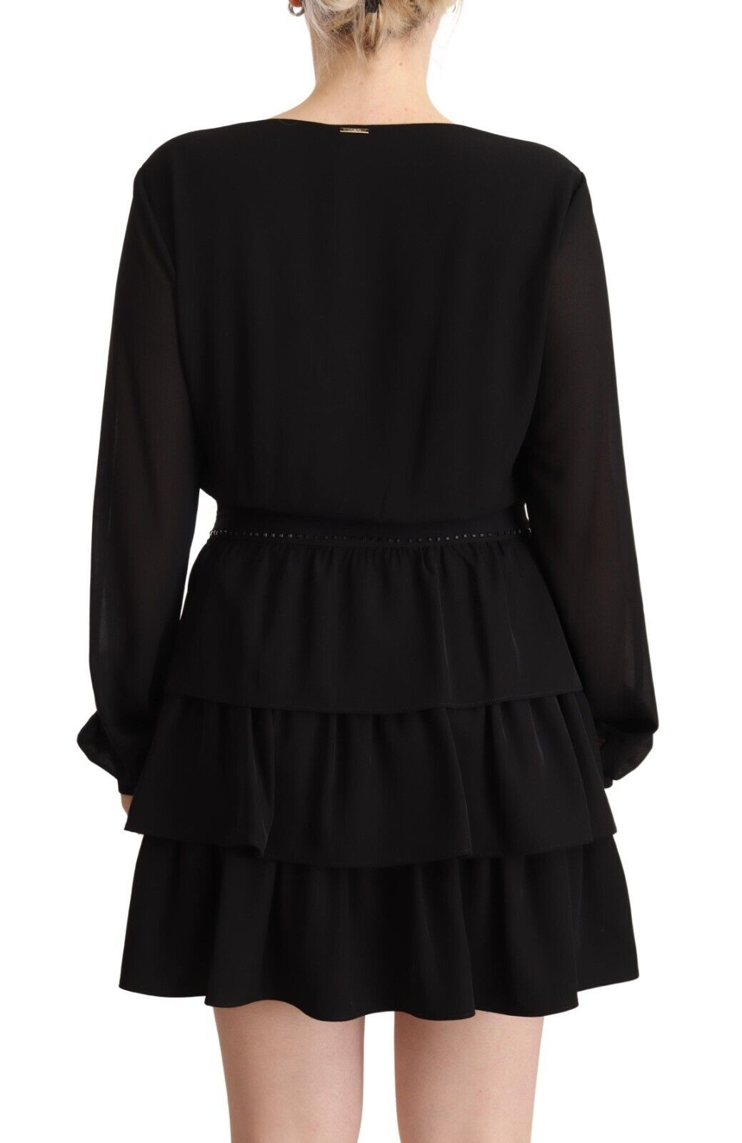 Black Polyester Long Sleeves V-neck Mini A-line Dress - ventzia