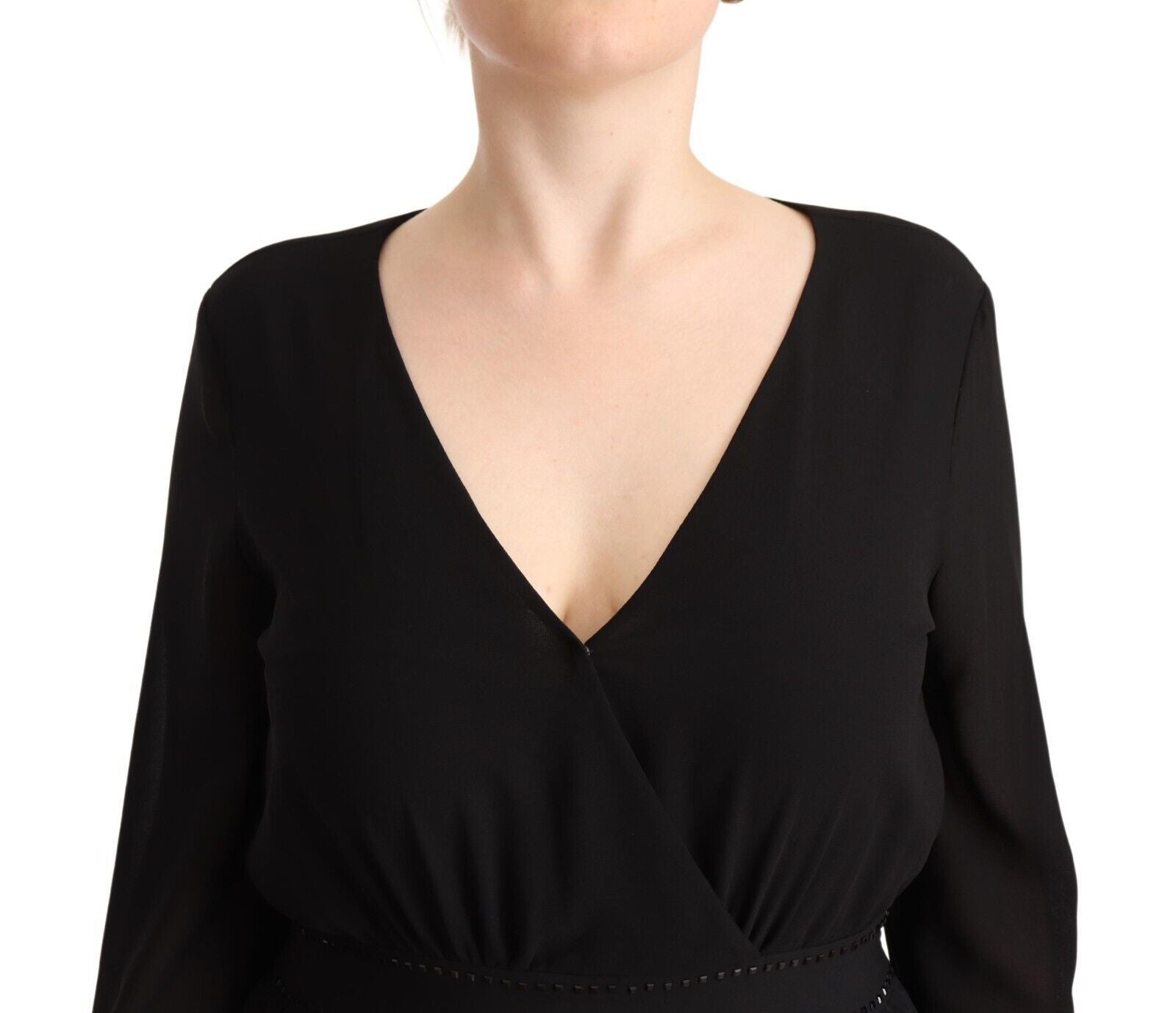 Black Polyester Long Sleeves V-neck Mini A-line Dress - ventzia