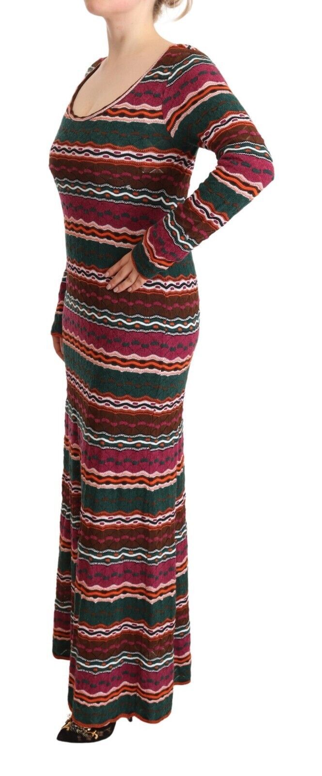 Multicolor Stripe Wool Knitted Maxi Sheath Dress - ventzia