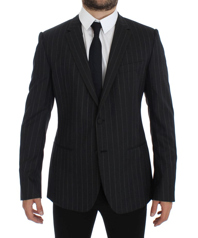 Chic Gray Striped Wool Blazer Jacket - ventzia