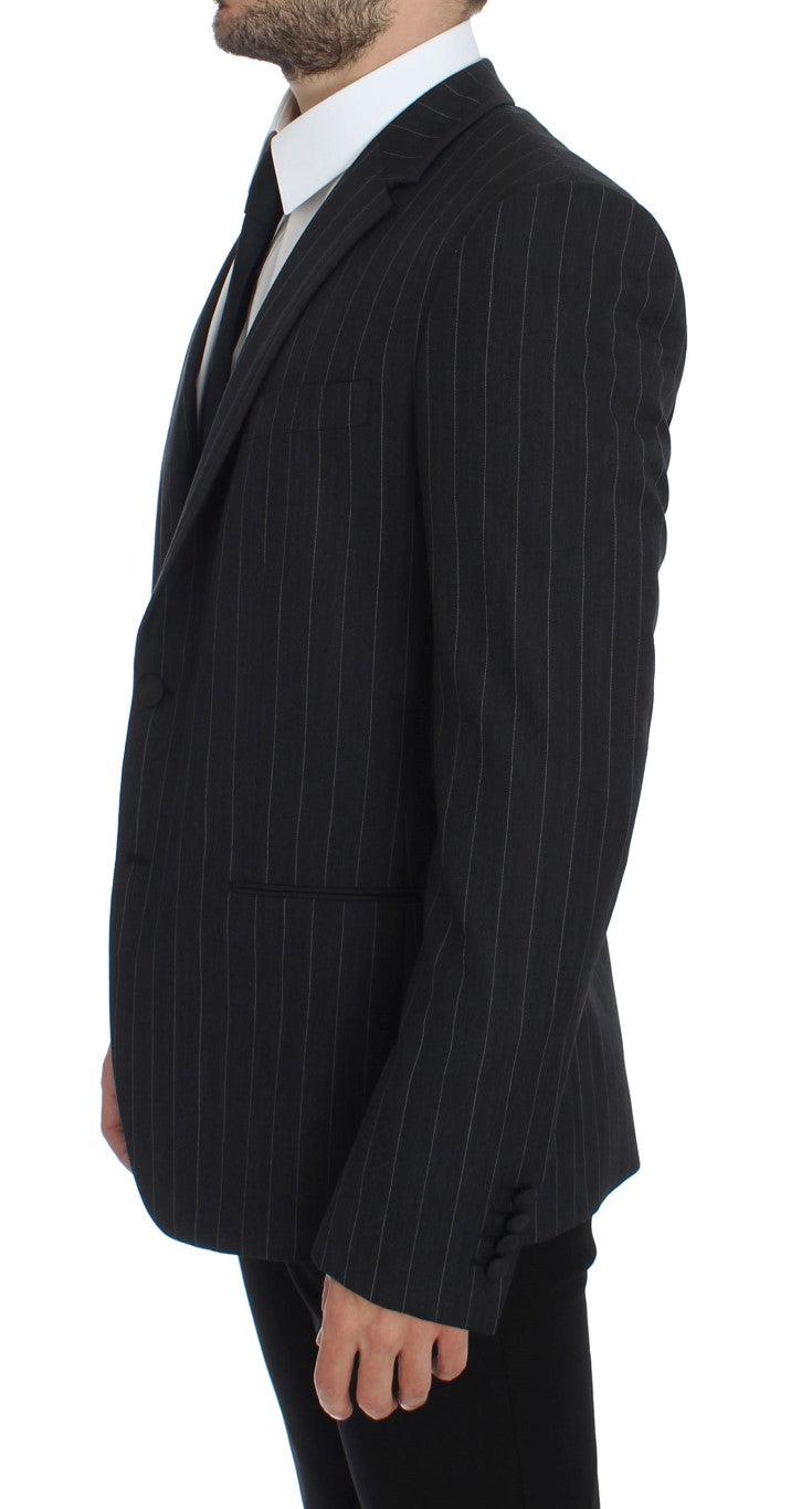 Chic Gray Striped Wool Blazer Jacket - ventzia