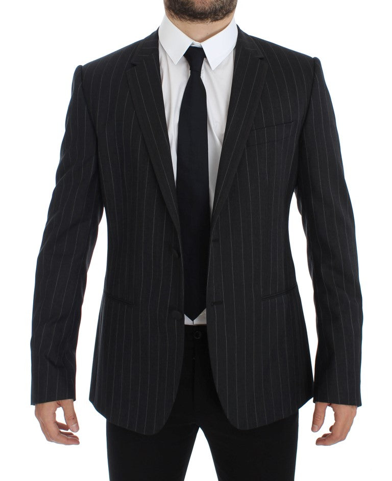 Chic Gray Striped Wool Blazer Jacket - ventzia