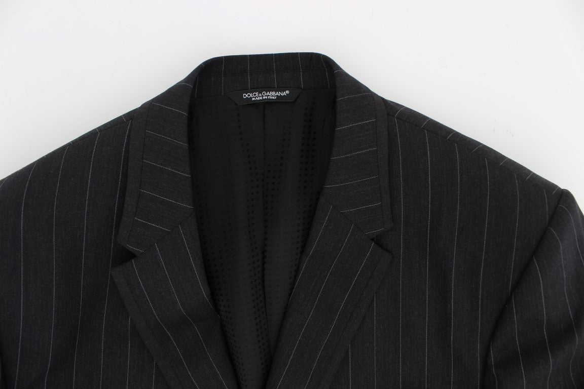 Chic Gray Striped Wool Blazer Jacket - ventzia