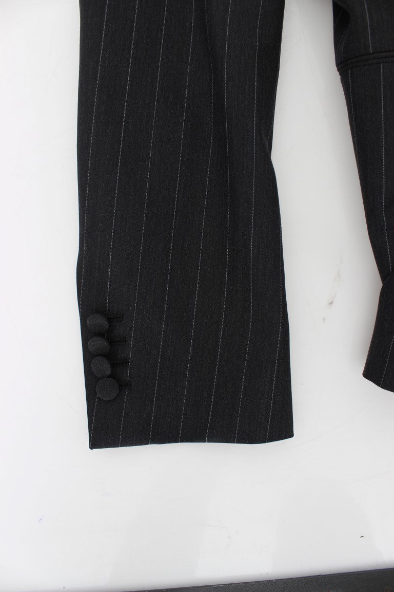 Chic Gray Striped Wool Blazer Jacket - ventzia