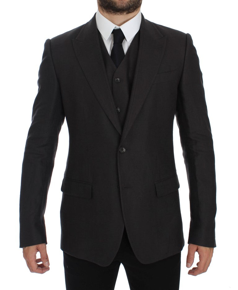 Elegant Gray Linen Slim Fit Blazer and Vest - ventzia