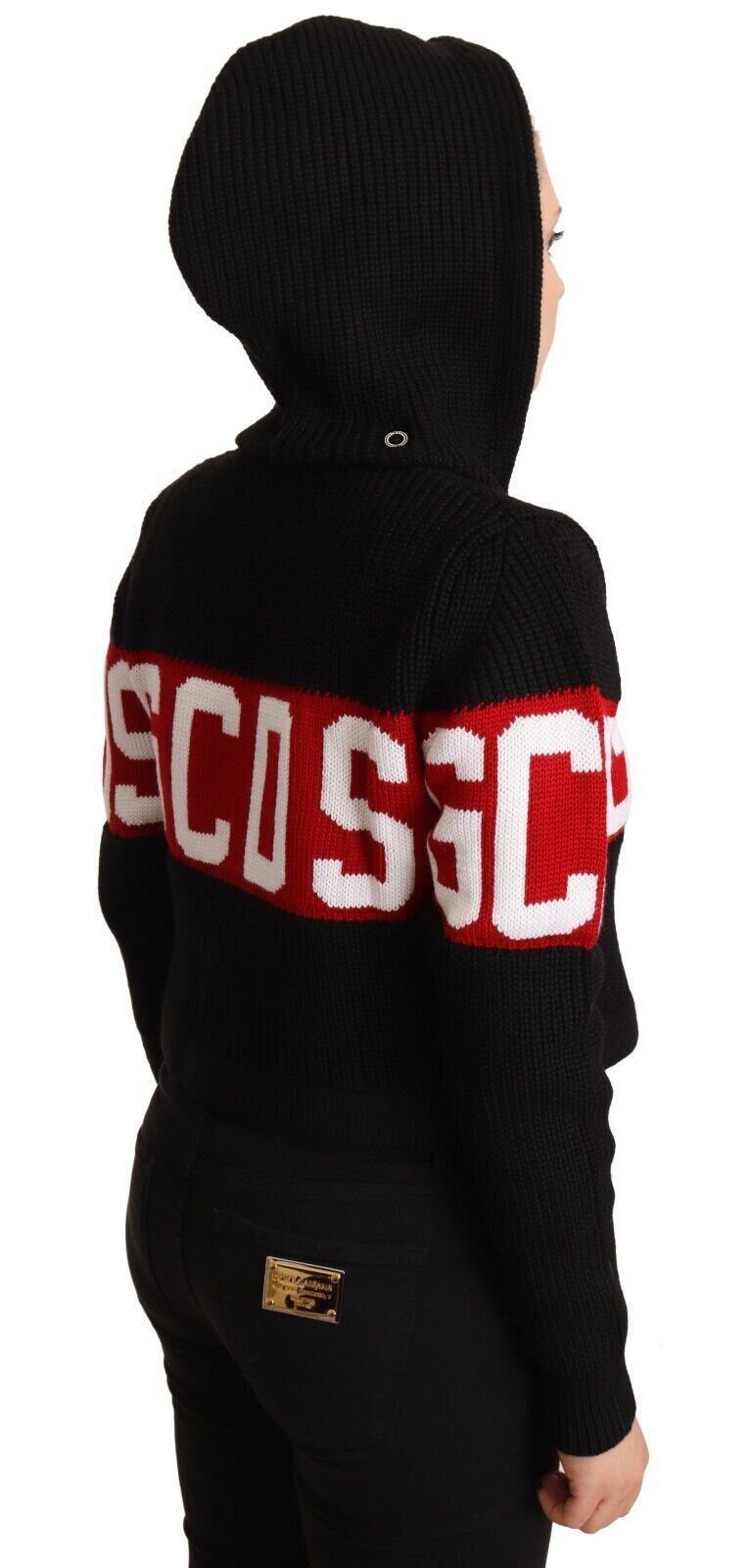 Black Cashmere Hooded Button Down Logo Cardigan Jacket - ventzia