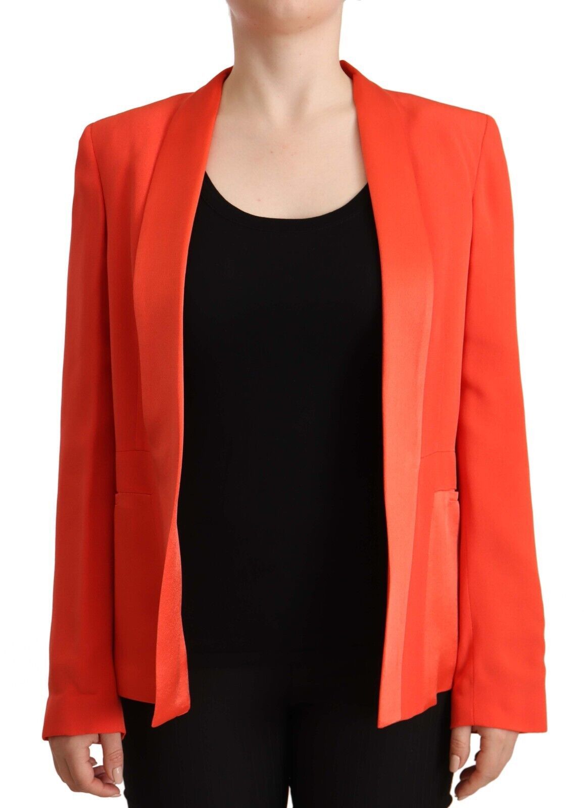 Orange Long Sleeves Acetate Blazer Pocket Overcoat Jacket - ventzia