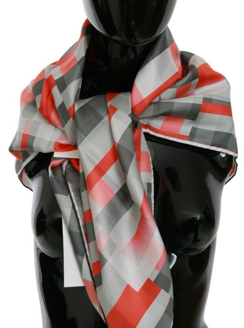 Gray Red Silk Shawl Foulard Wrap Scarf - ventzia