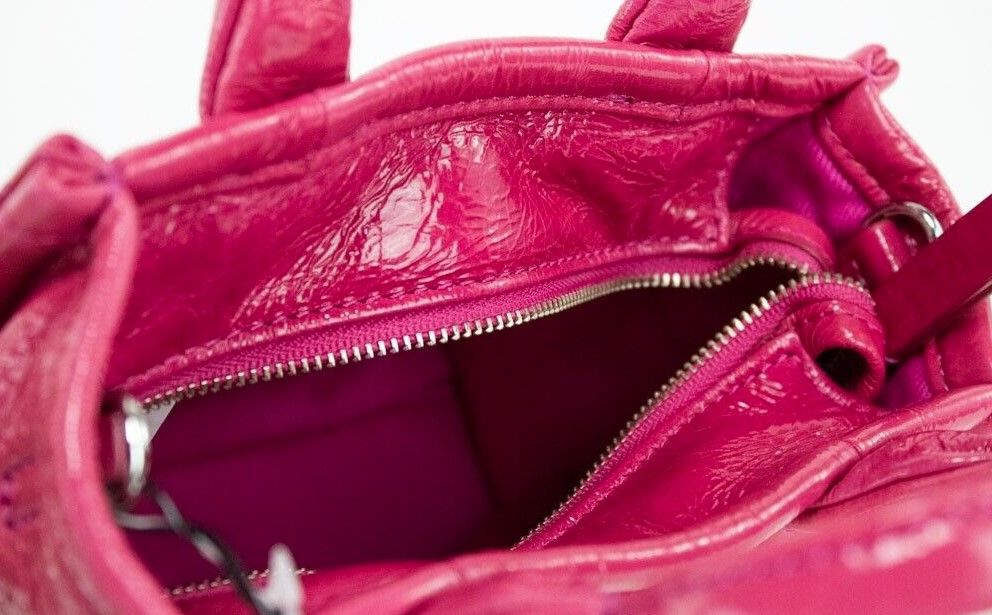 The Shiny Crinkle Micro Tote Magenta Leather Crossbody Bag Handbag - ventzia