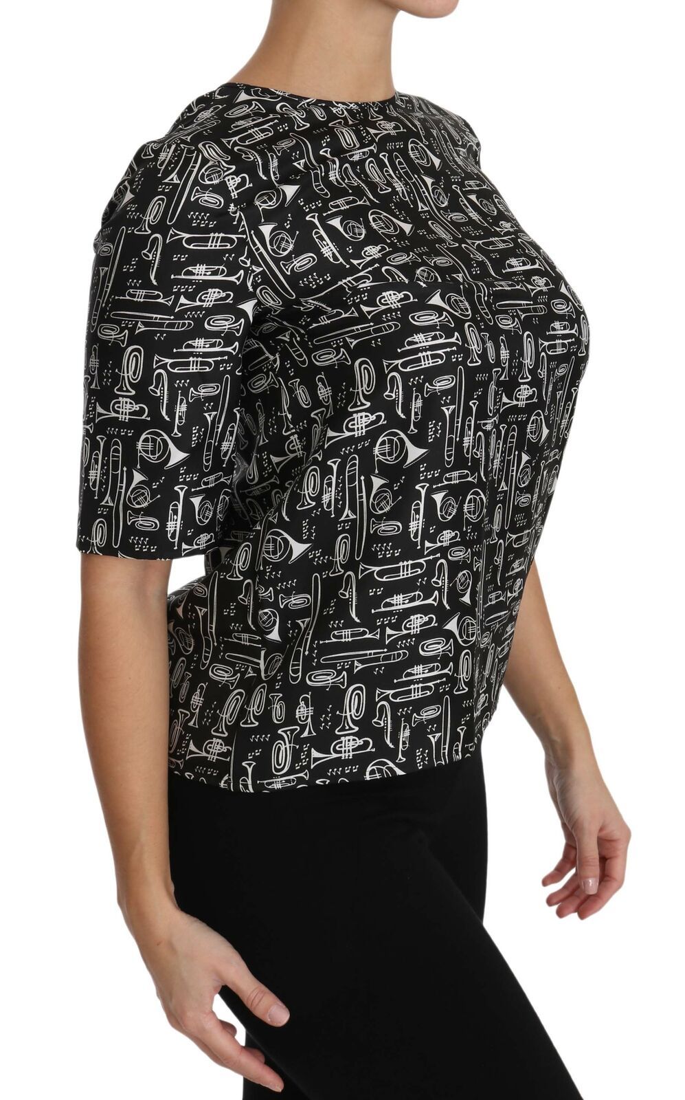Black Musical Instruments Print Silk Blouse - ventzia