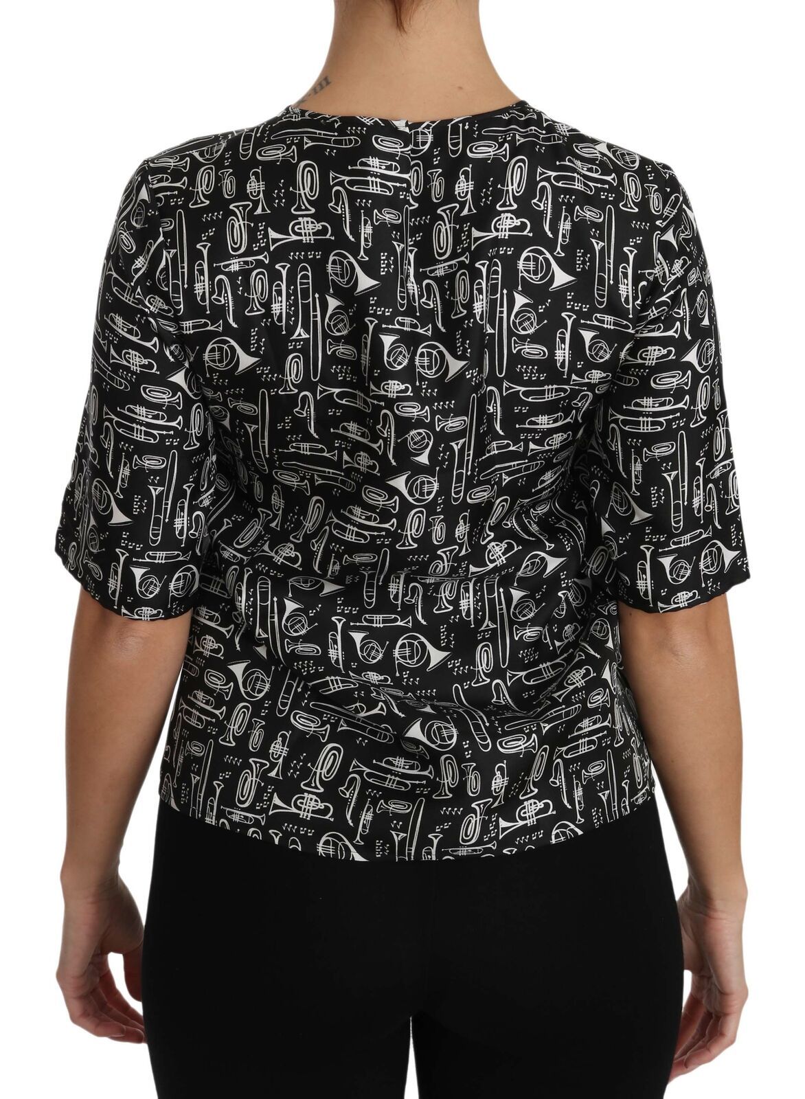 Black Musical Instruments Print Silk Blouse - ventzia