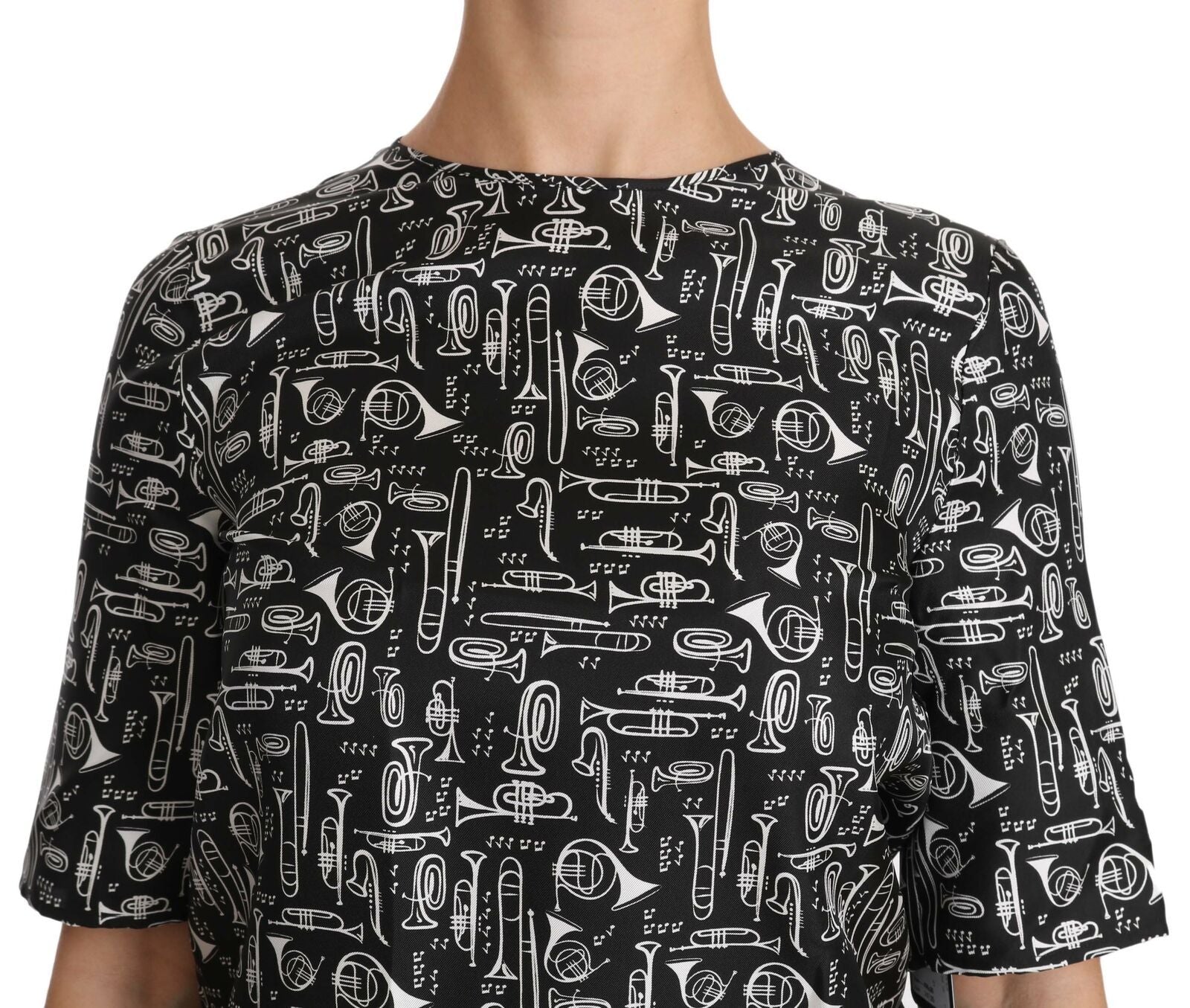 Black Musical Instruments Print Silk Blouse - ventzia