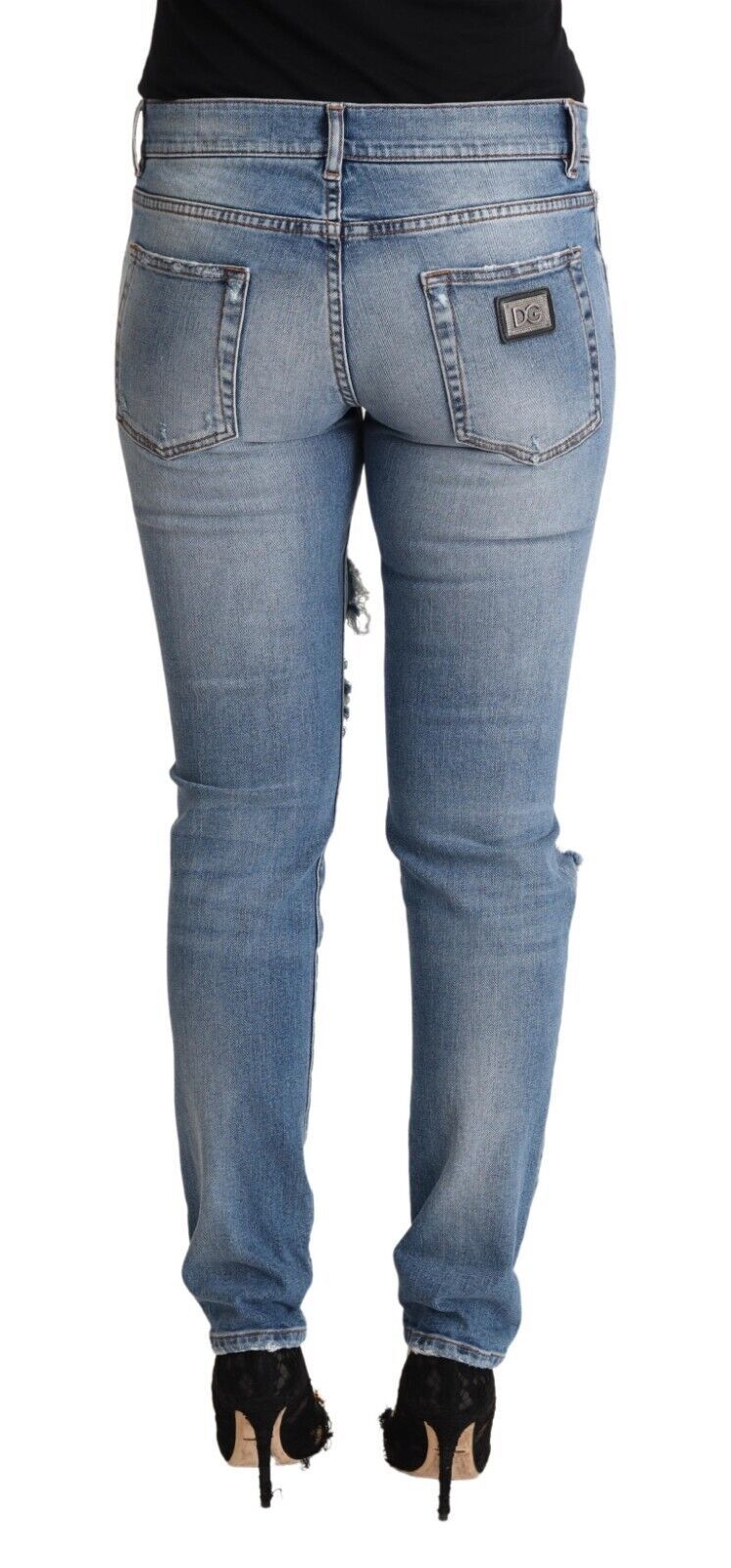 Blue Distressed Cotton Denim Skinny Jeans - ventzia