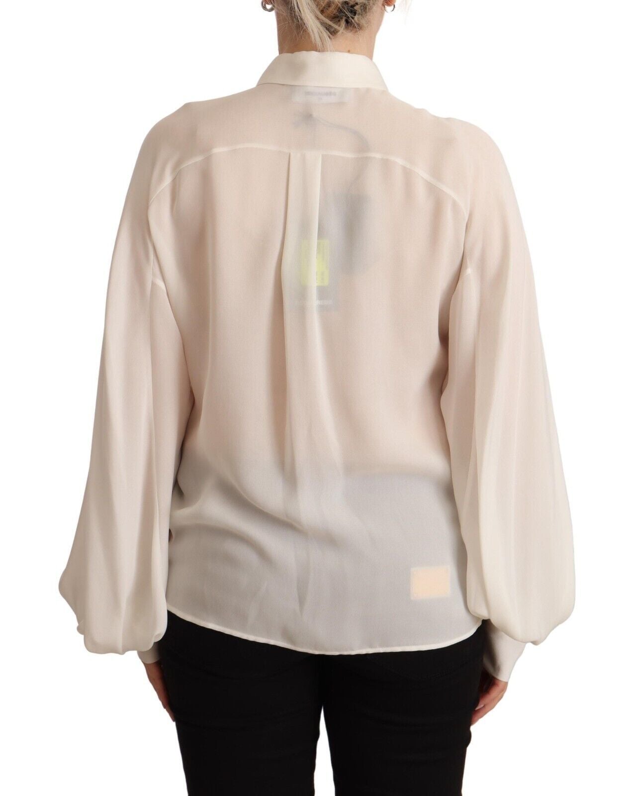 Off White Silk Long Sleeves Collared Blouse Top - ventzia