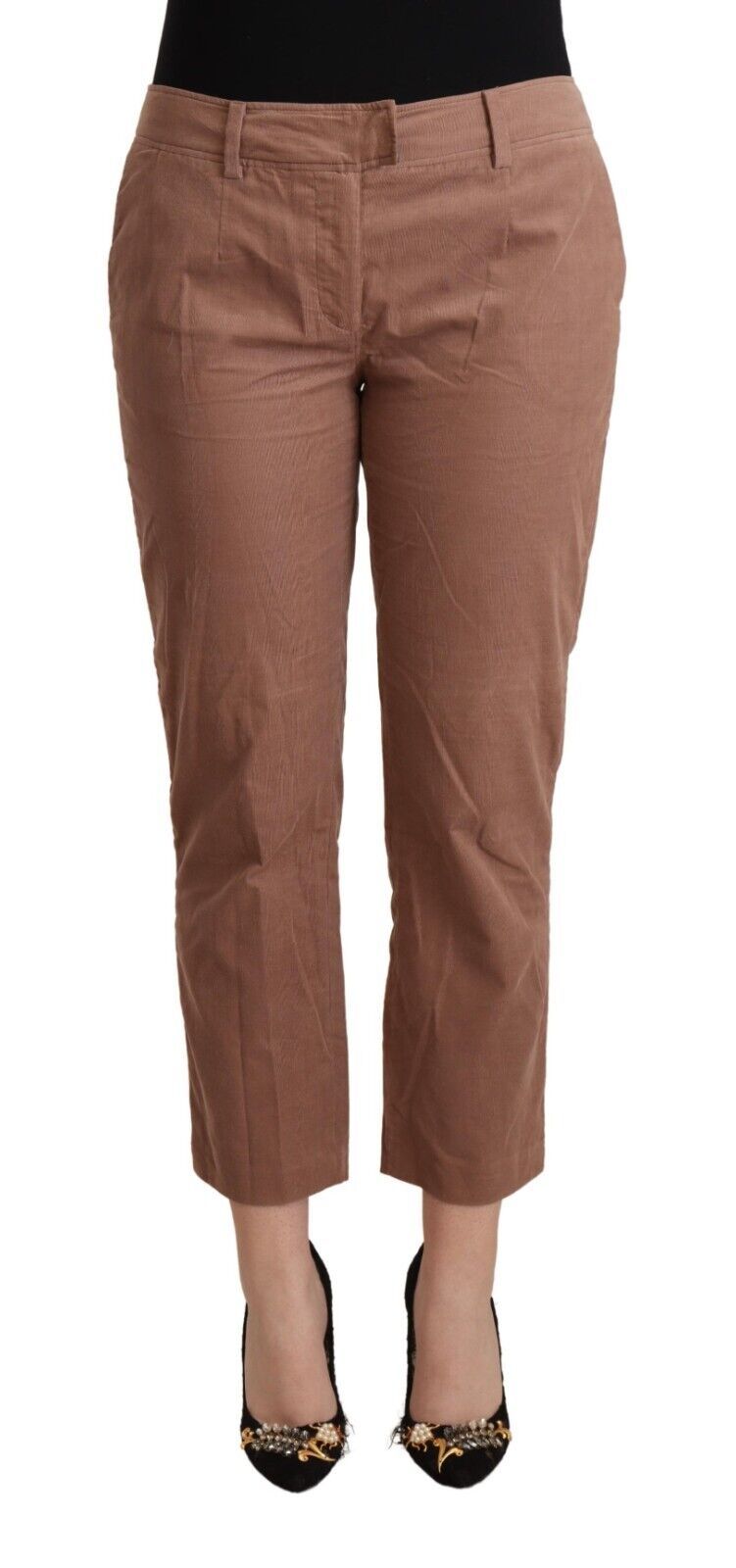 Brown Cotton Tapered Cropped Pants - ventzia