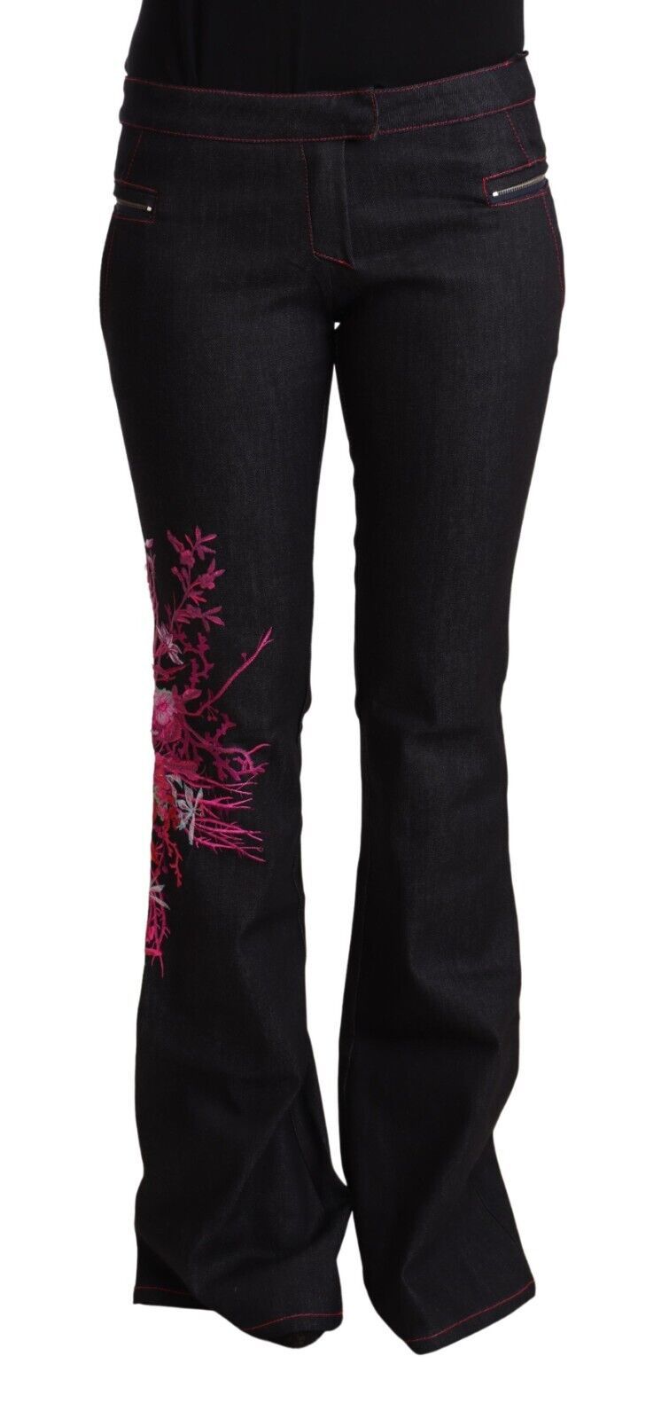 Black Cotton Stretch Mid Waist Cotton Flared Denim Jeans - ventzia