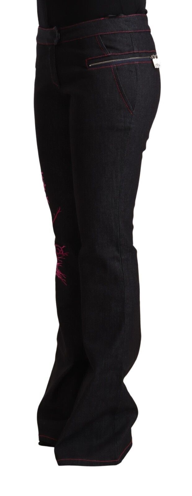 Black Cotton Stretch Mid Waist Cotton Flared Denim Jeans - ventzia