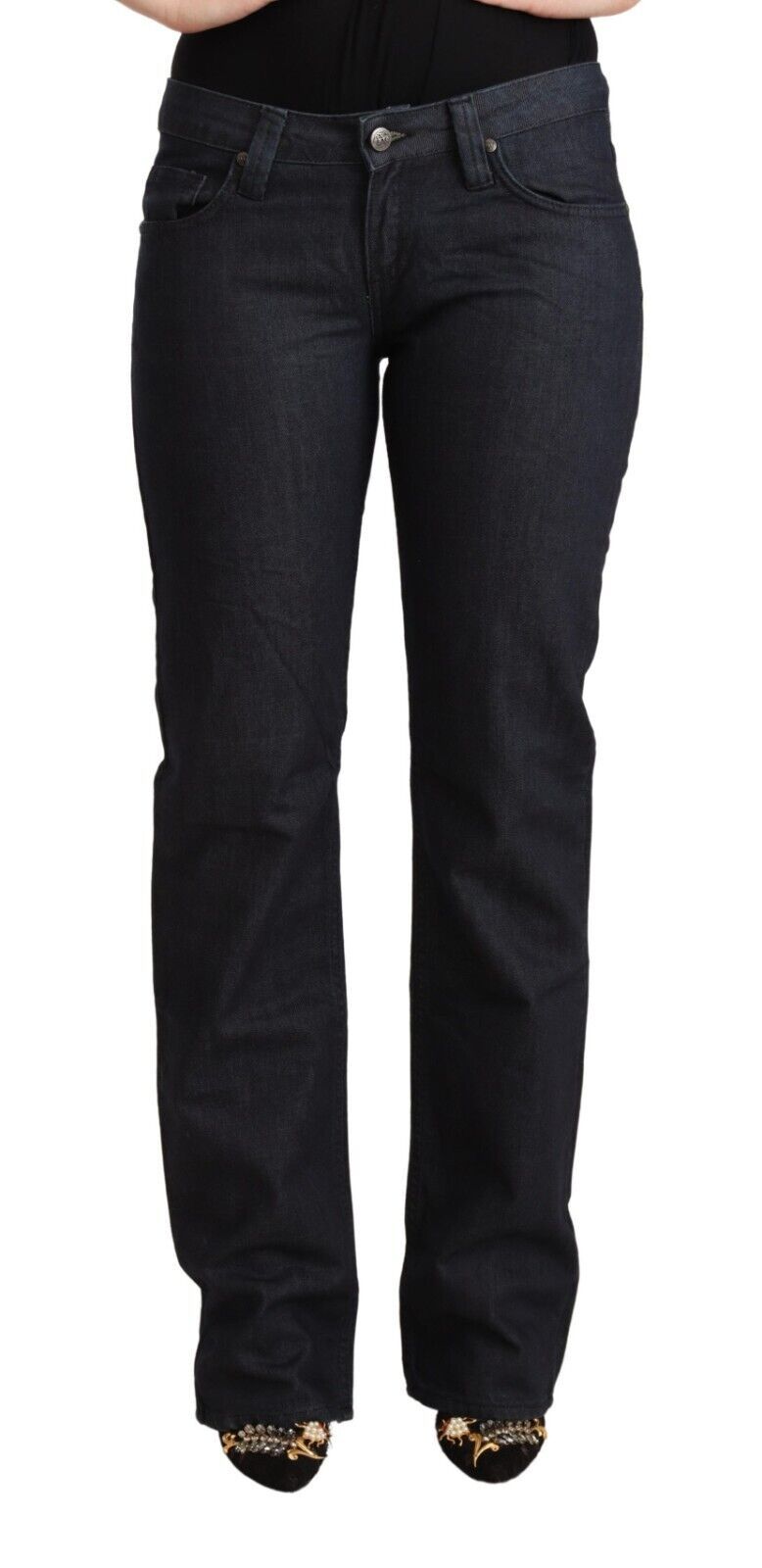 Dark Blue Cotton Stretch Low Waist Straight Denim Jeans - ventzia