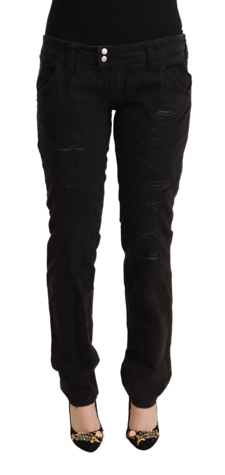 Black Cotton Distressed Low Waist Slim Fit Denim Jeans - ventzia