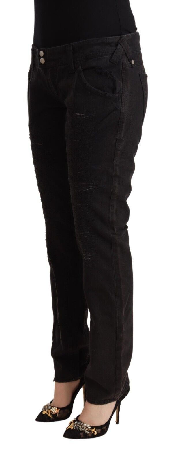 Black Cotton Distressed Low Waist Slim Fit Denim Jeans - ventzia