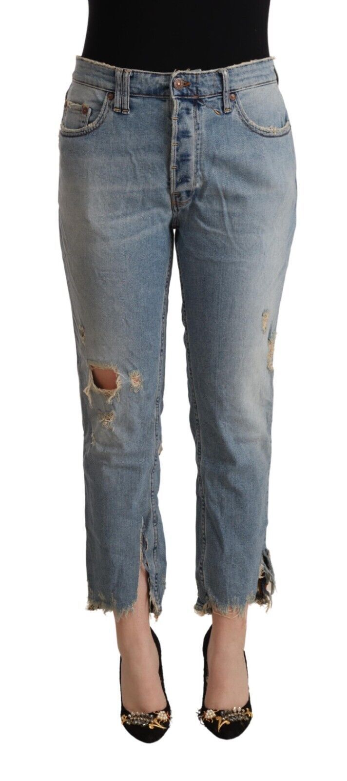Light Blue Distressed Mid Waist Cropped Denim Jeans - ventzia