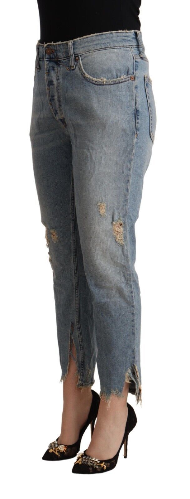 Light Blue Distressed Mid Waist Cropped Denim Jeans - ventzia