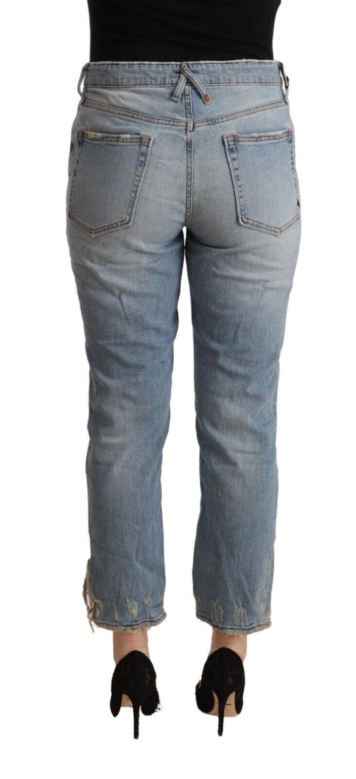 Light Blue Distressed Mid Waist Cropped Denim Jeans - ventzia