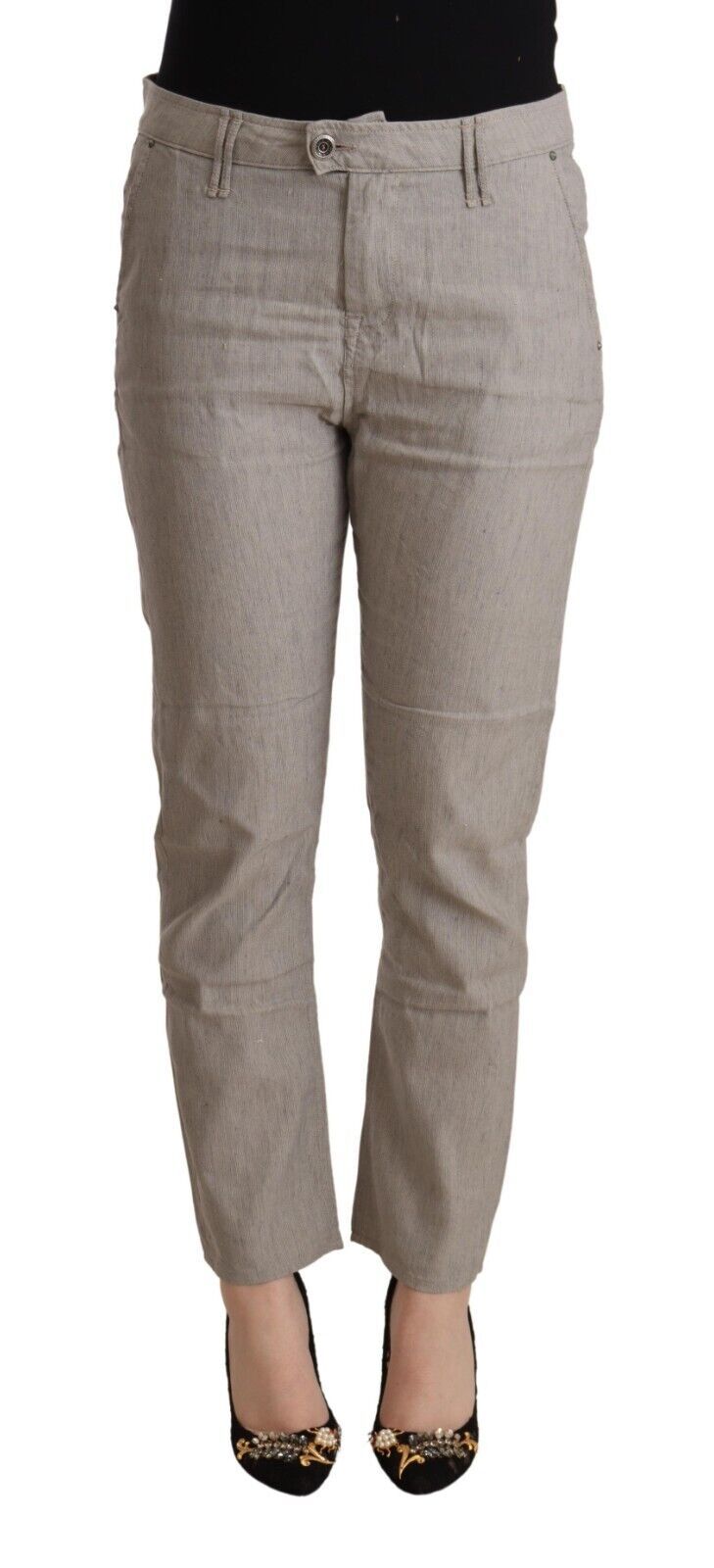 Light Gray Linen Blend Mid Waist Tapered Pants - ventzia