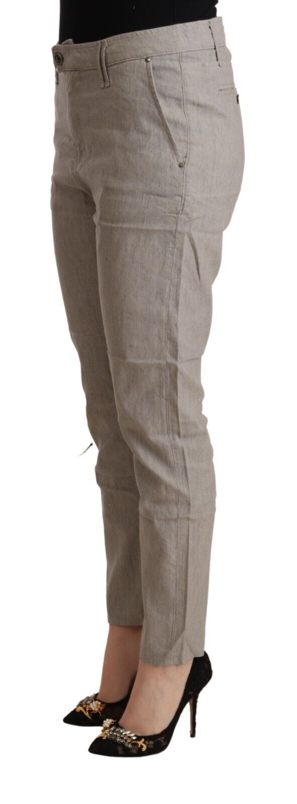 Light Gray Linen Blend Mid Waist Tapered Pants - ventzia