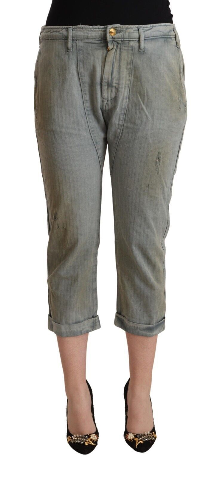 Gray 100% Cotton Mid Waist Skinny Cropped Pants - ventzia