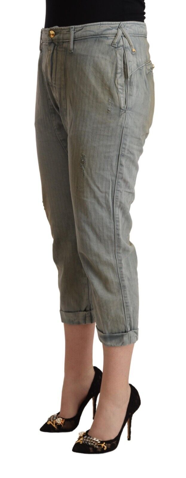 Gray 100% Cotton Mid Waist Skinny Cropped Pants - ventzia