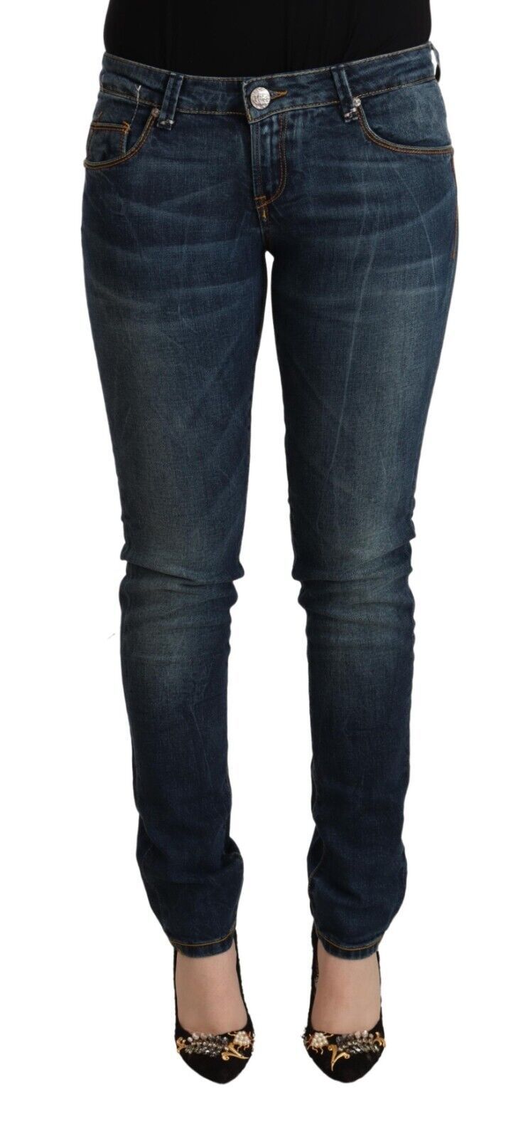 Blue Washed Cotton Slim Fit Denim Low Waist Jeans - ventzia