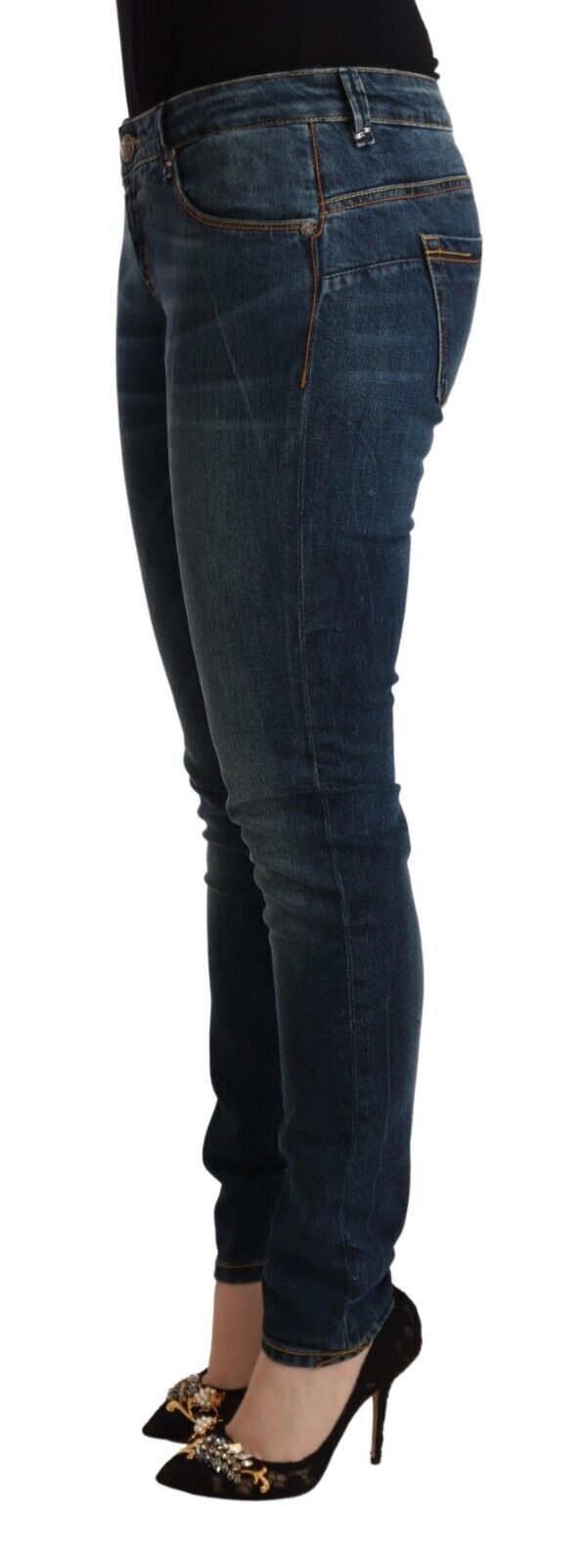 Blue Washed Cotton Slim Fit Denim Low Waist Jeans - ventzia