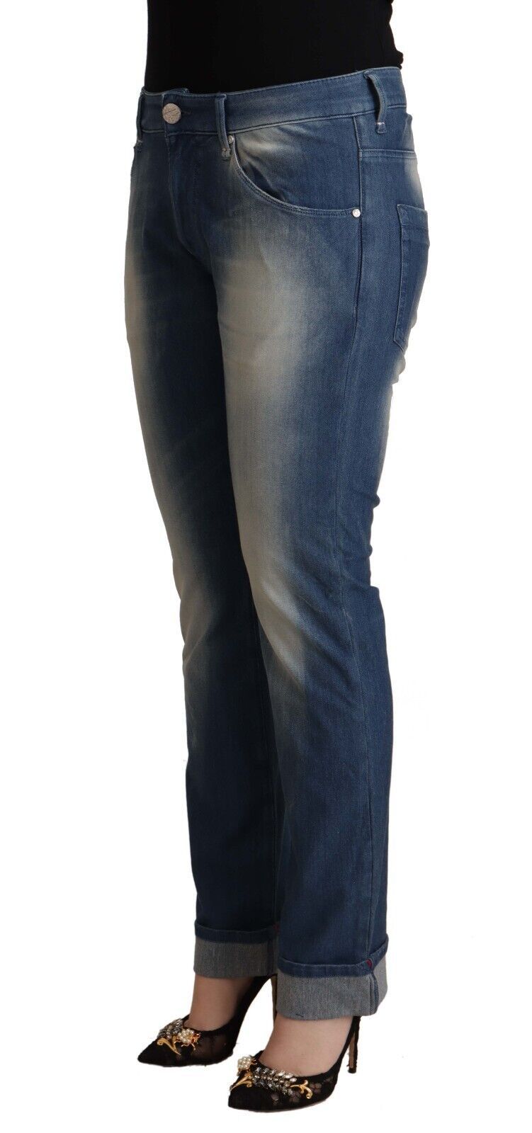 Blue Washed Mid Waist Folded Hem Skinny Jeans - ventzia
