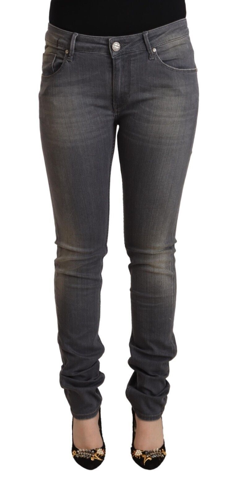 Dark Gray Washed Cotton Denim Skinny Jeans - ventzia