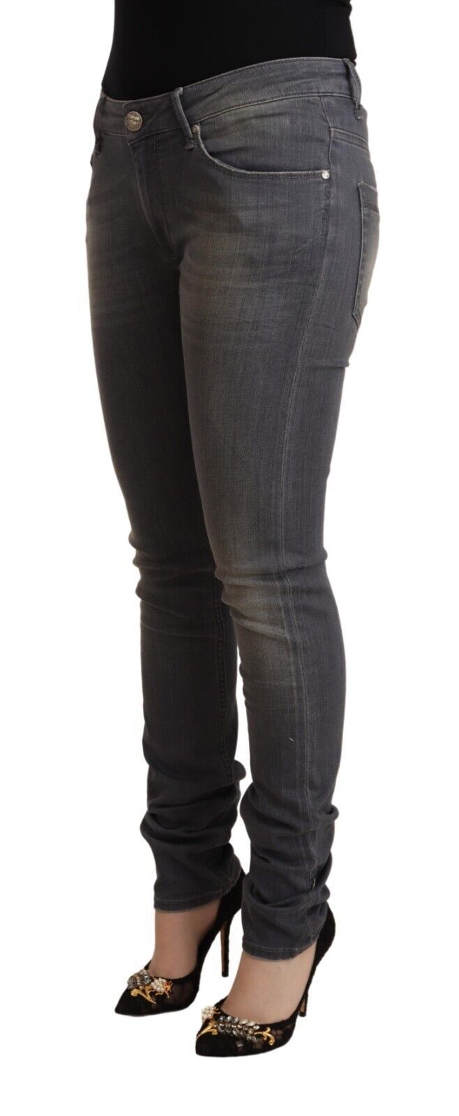 Dark Gray Washed Cotton Denim Skinny Jeans - ventzia
