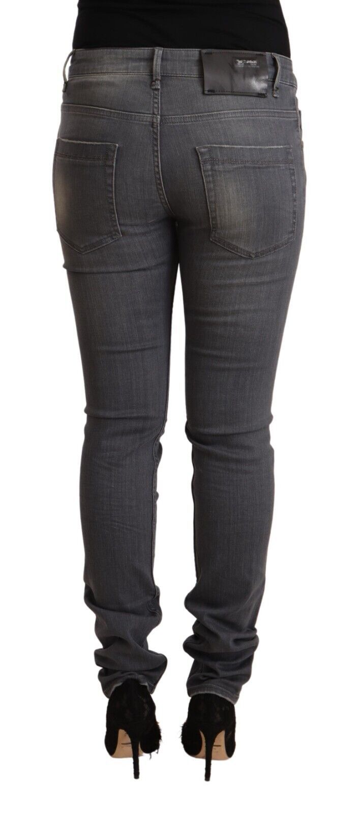 Dark Gray Washed Cotton Denim Skinny Jeans - ventzia