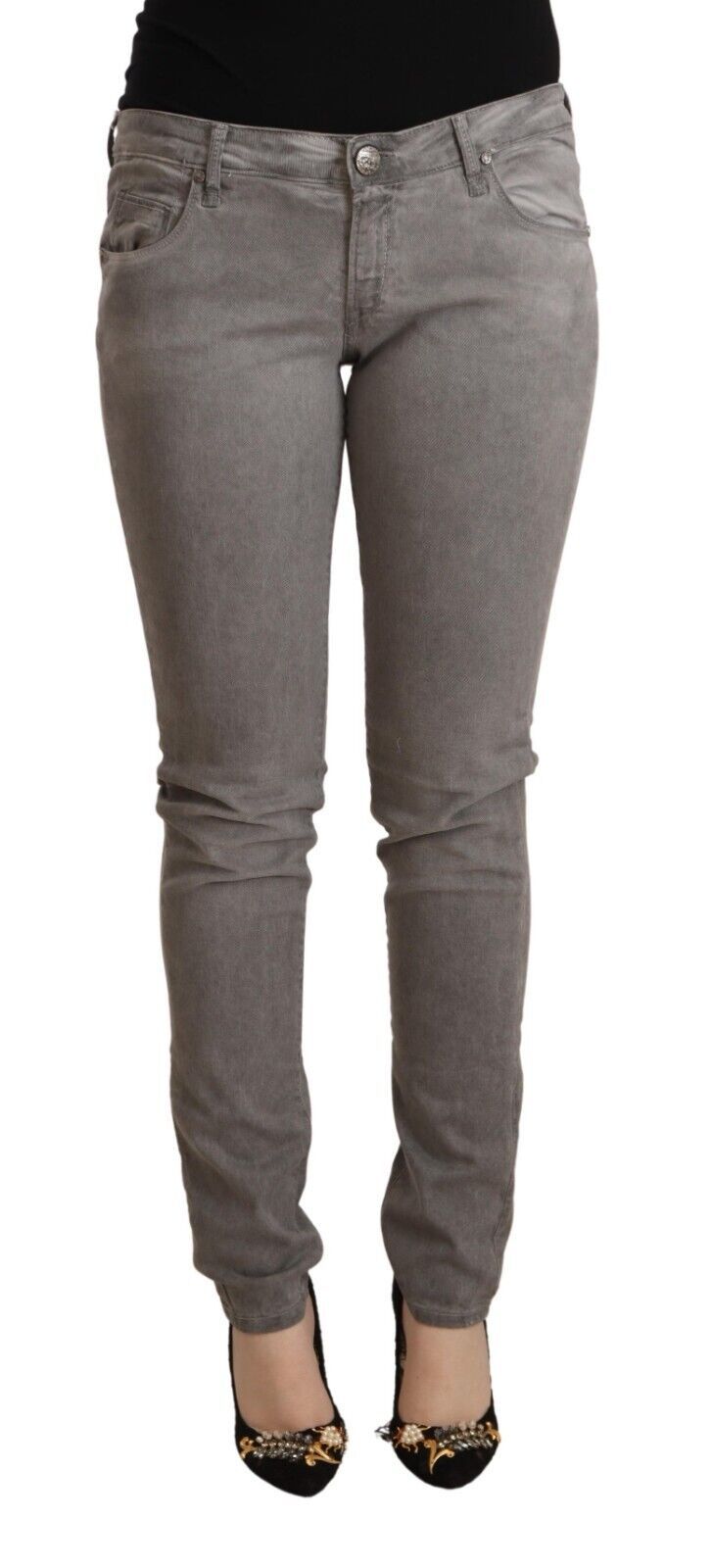Gray Cotton Low Waist Skinny Push Up Denim Jeans - ventzia