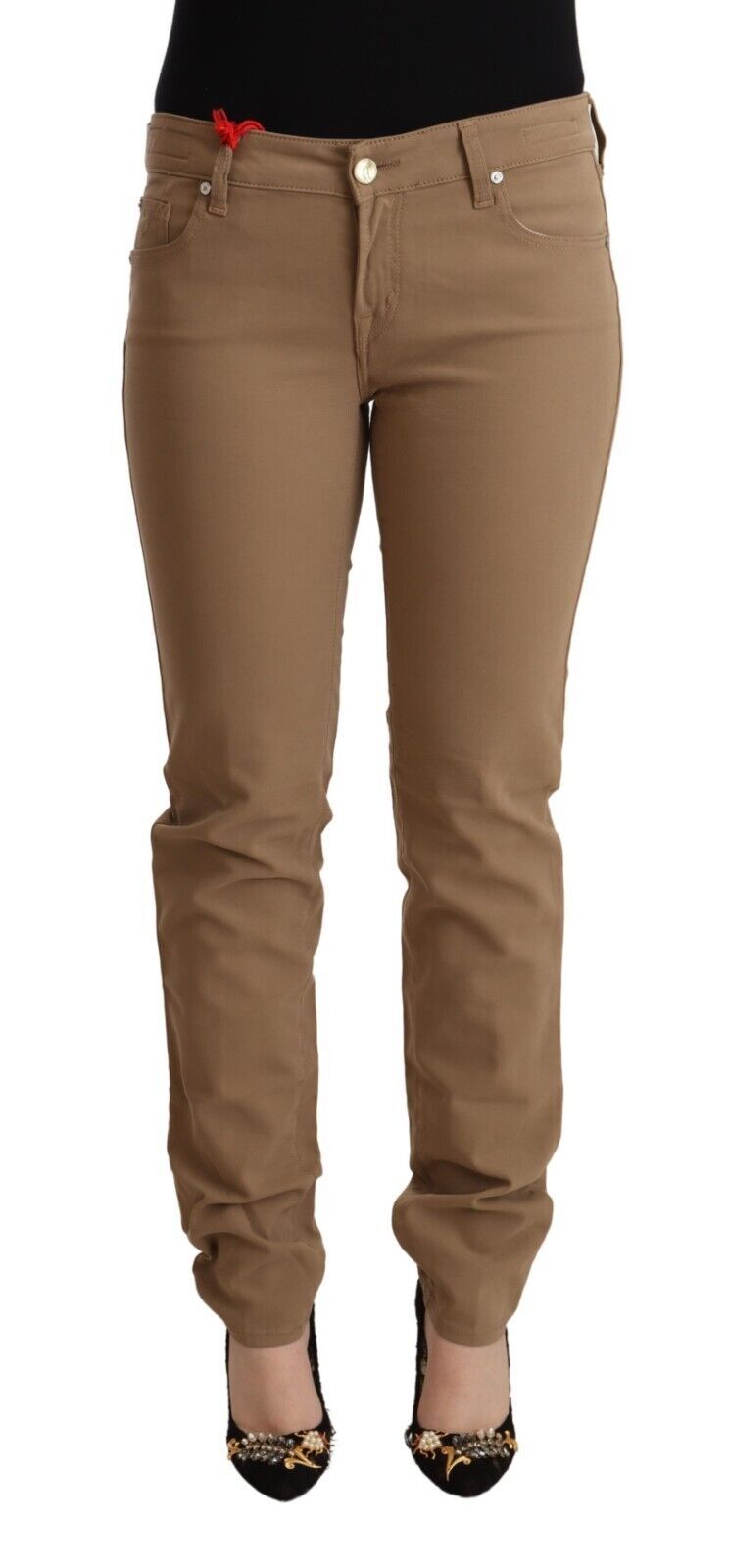 Brown Cotton Stretch Mid Waist Skinny Pants - ventzia