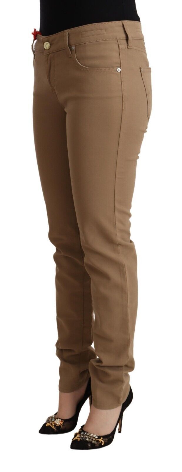 Brown Cotton Stretch Mid Waist Skinny Pants - ventzia