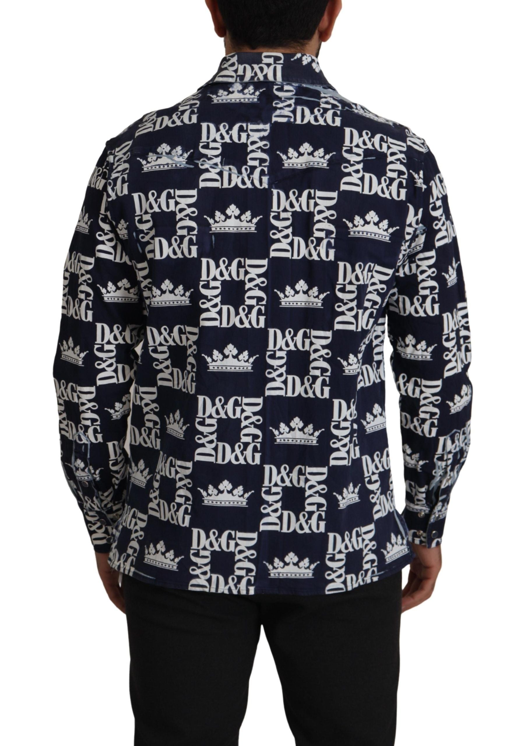 Blue Denim Stretch DG Crown Logo Casual Shirt - ventzia