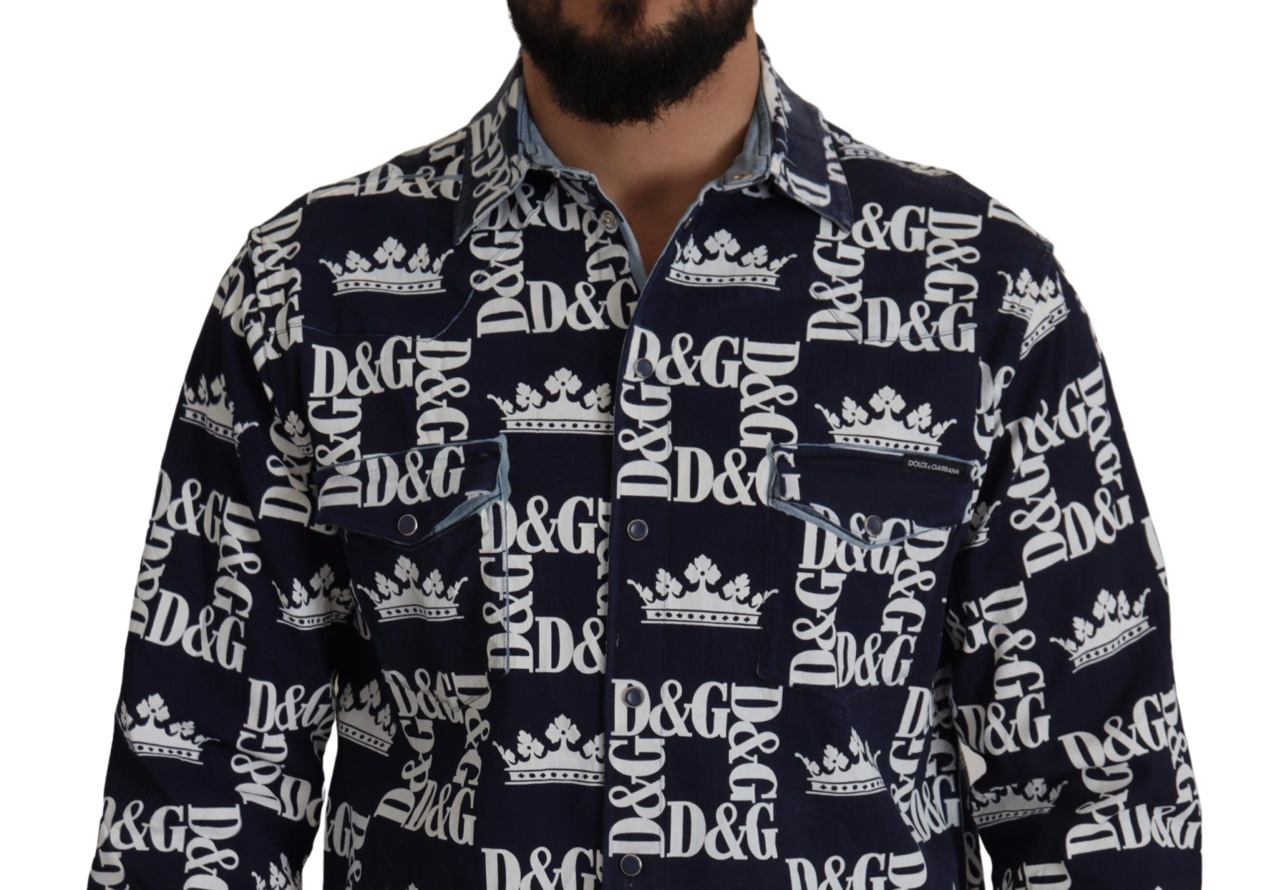 Blue Denim Stretch DG Crown Logo Casual Shirt - ventzia