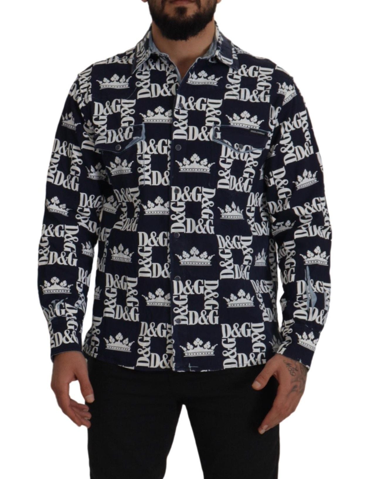 Blue Denim Stretch DG Crown Logo Casual Shirt - ventzia