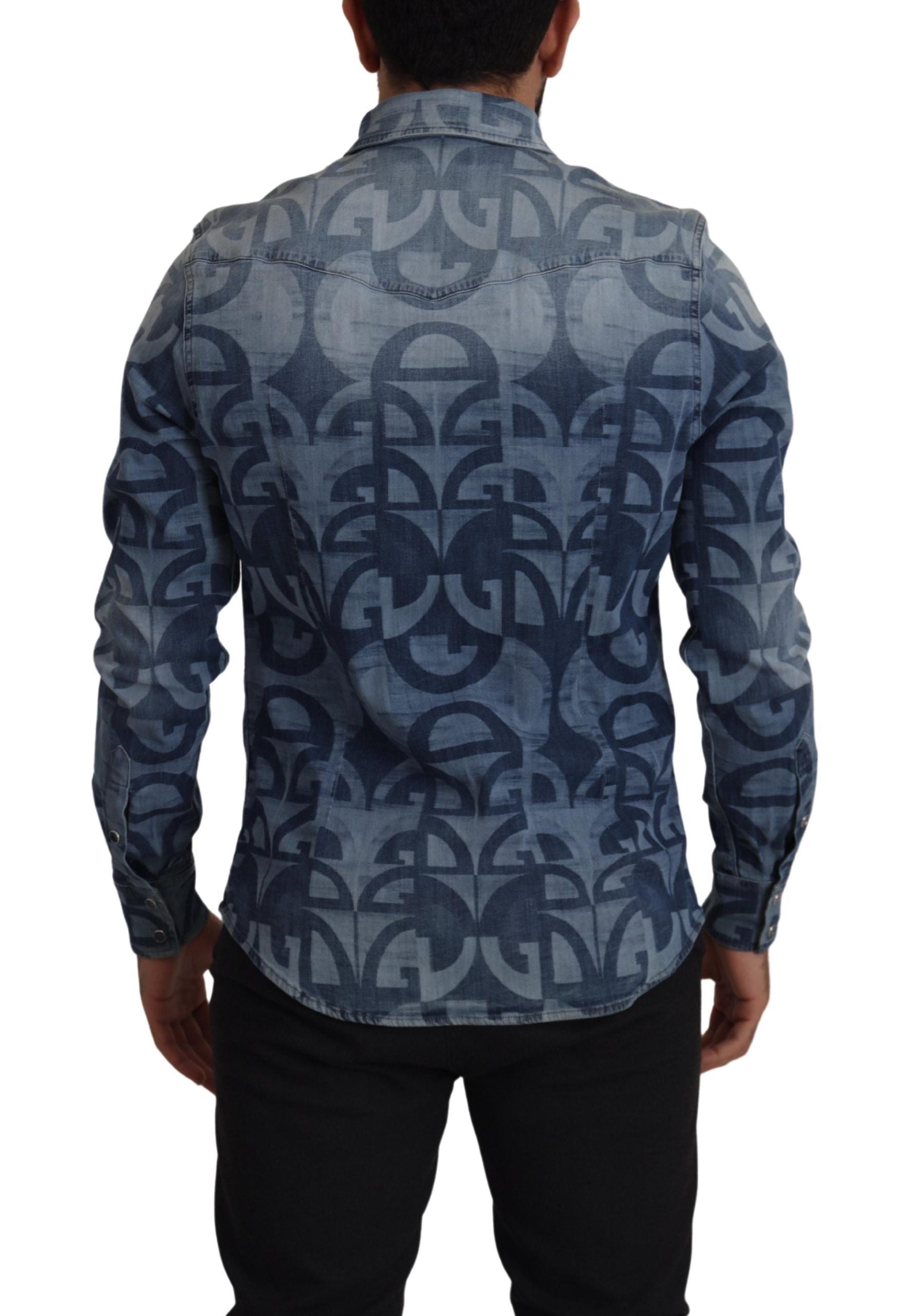 Blue Denim Stretch DG Logo Casual Mens Slim Shirt - ventzia