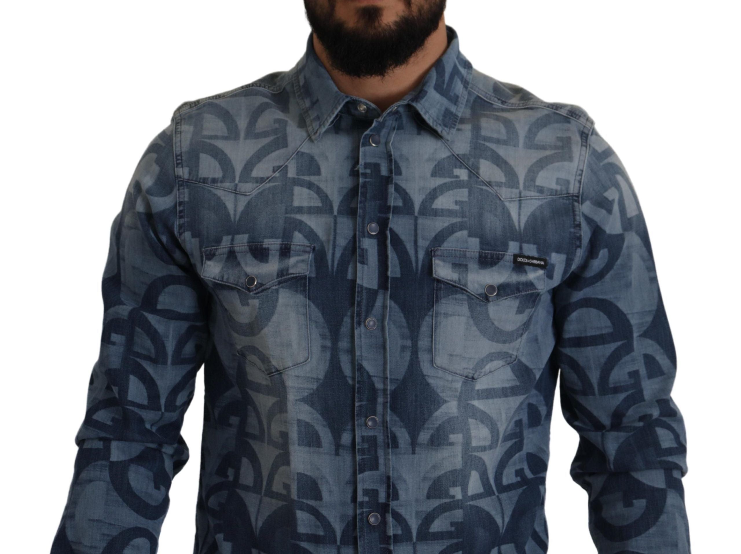 Blue Denim Stretch DG Logo Casual Mens Slim Shirt - ventzia