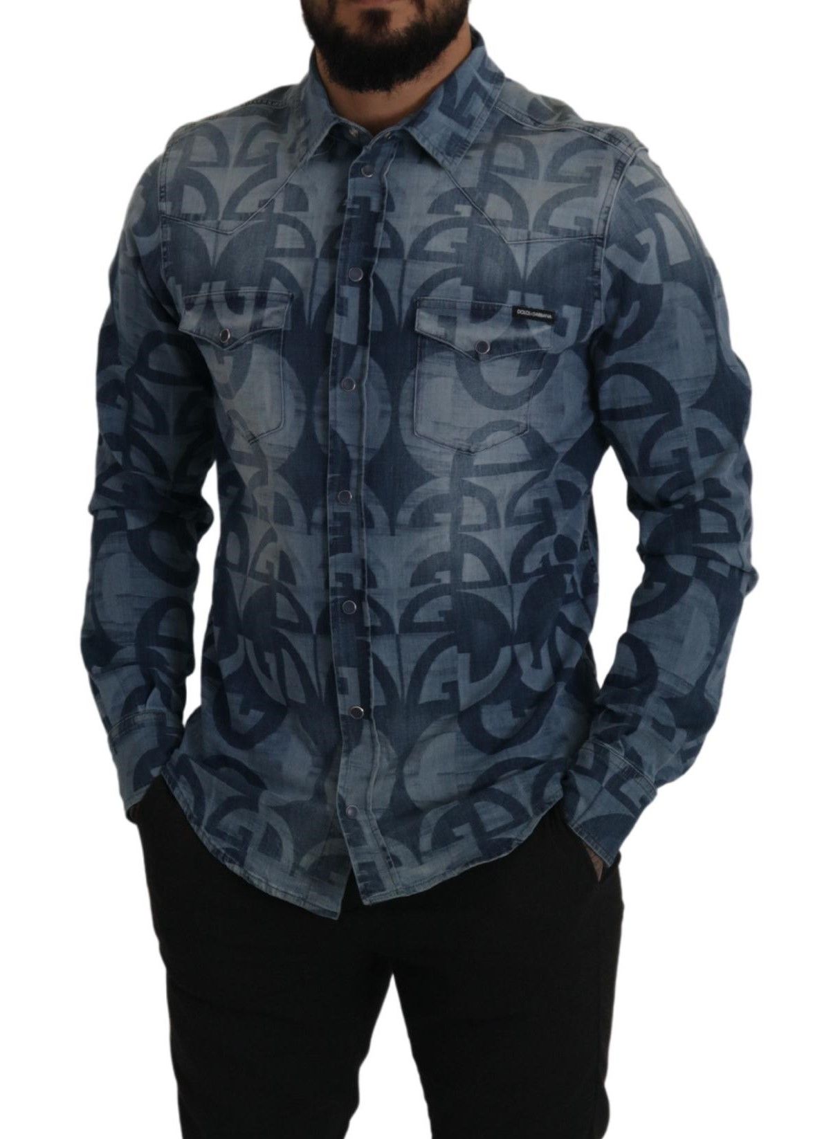 Blue Denim Stretch DG Logo Casual Mens Slim Shirt - ventzia