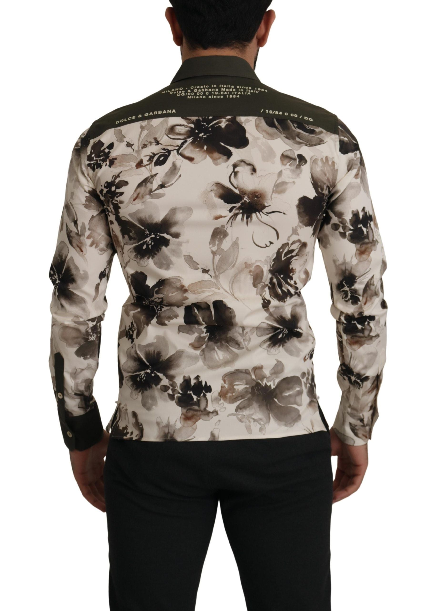 Green Beige Floral Cotton Stretch Exclusive Shirt - ventzia